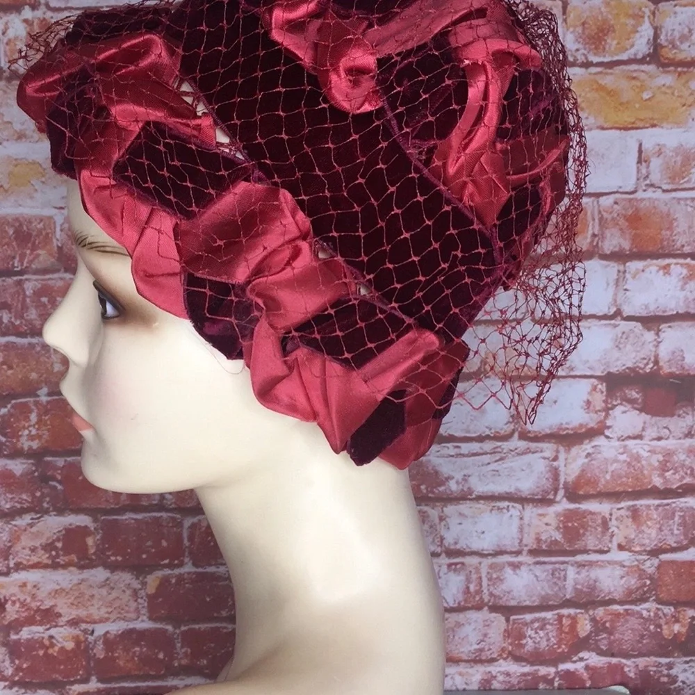 Vintage MCM Burgundy Red Satin and Velvet Veiled Bucket Hat
